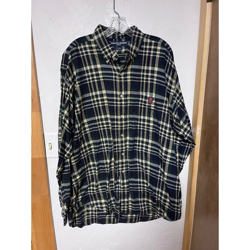 Ralph Lauren Golf Tilden Shirt Mens XL Navy Green Plaid Cotton Button Down Crest
